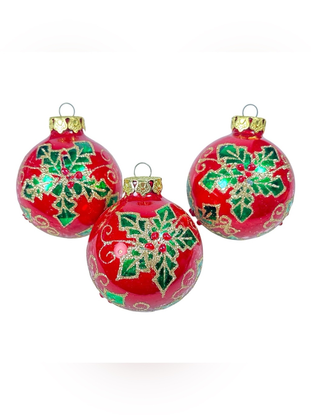 3 Red 2.25" Mercury Glass Christmas Ball Ornament Glitter Beads Holly Berries